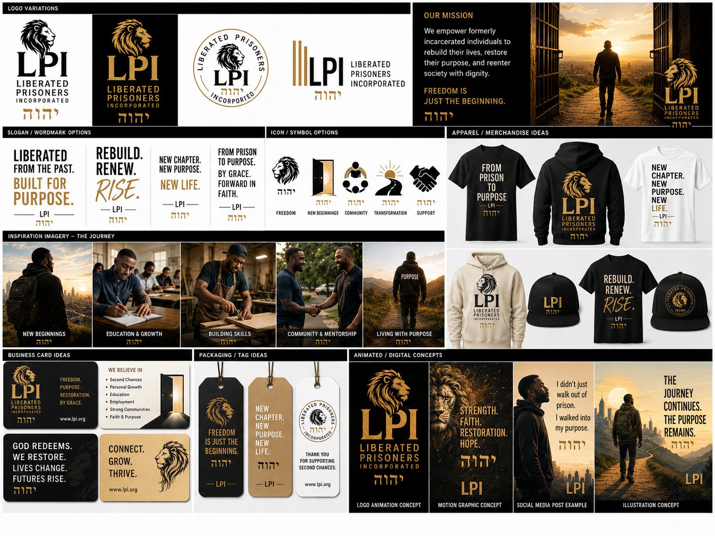 Liberated Prisoners brand overview with logos, mission language, imagery, merchandise, and collateral.